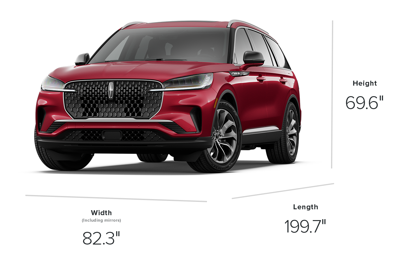 The dimensions of a 2027 Lincoln Aviator® Premiere model, 82.3 inches wide, 199.7 inches long, and 69.6 inches tall