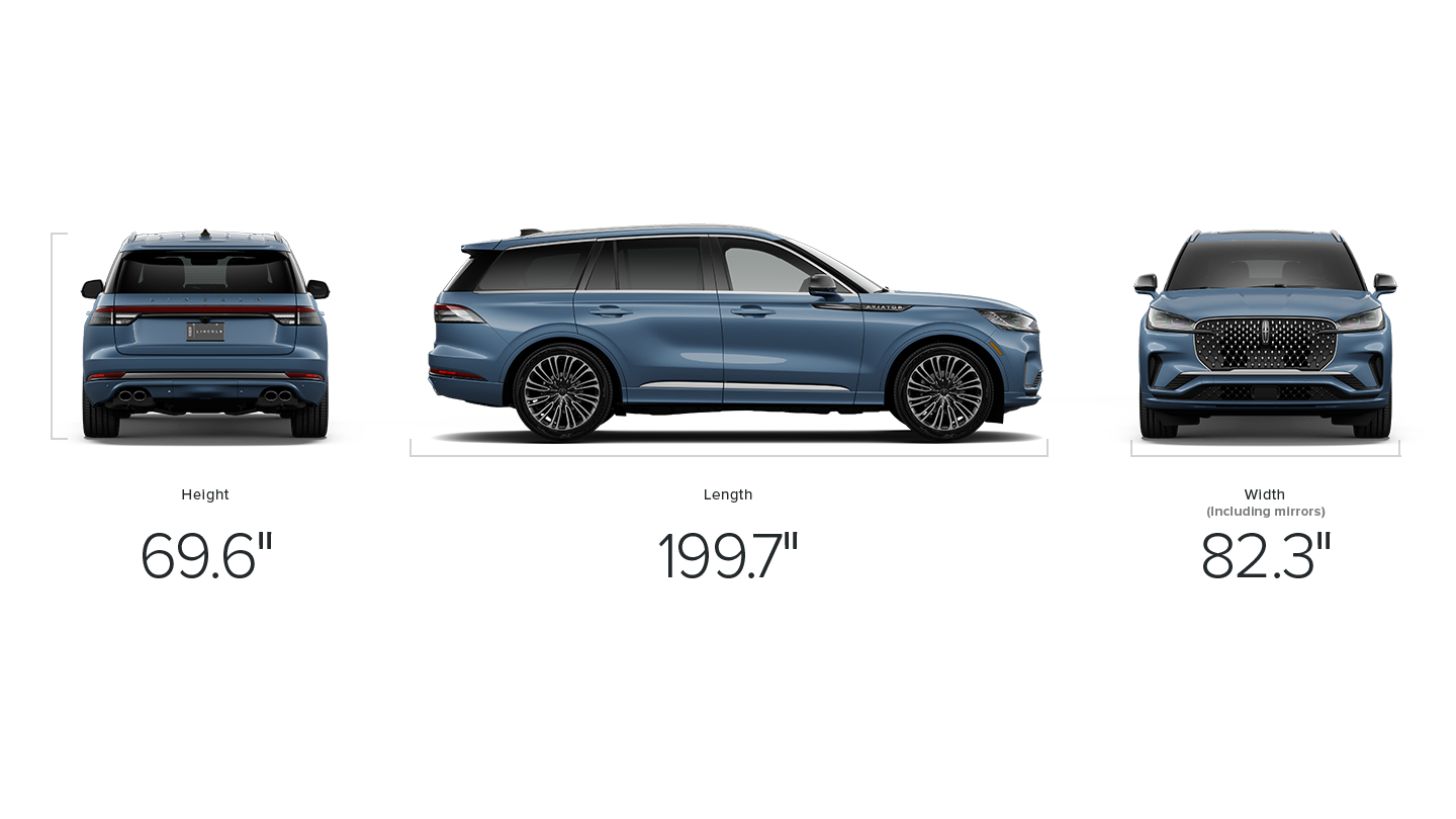 The dimensions of a 2027 Lincoln Aviator® SUV measuring 69.6 inches high, 199.7 inches long and 82.3 inches wide