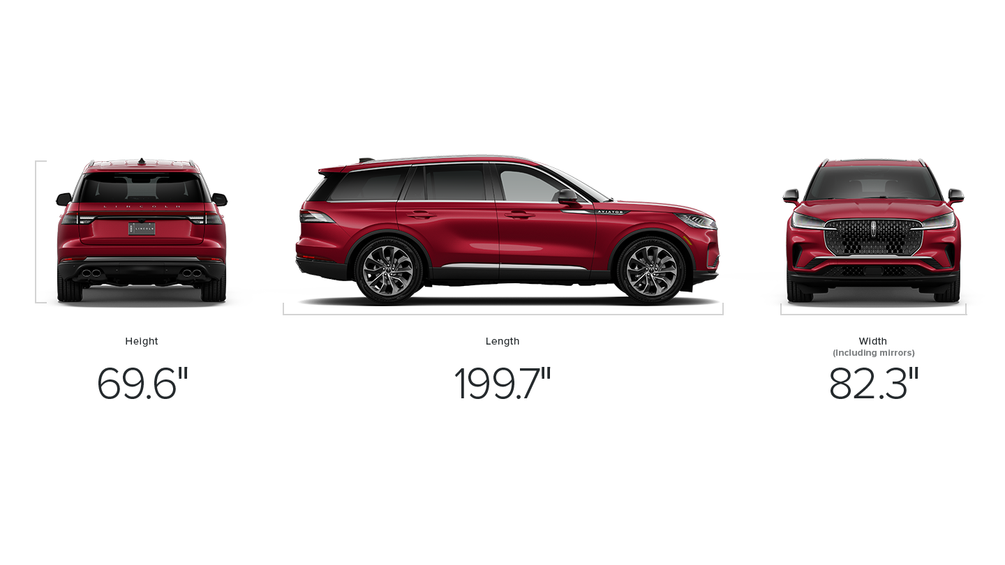 The dimensions of a 2027 Lincoln Aviator® SUV measuring 69.6 inches high, 199.7 inches long and 82.3 inches wide