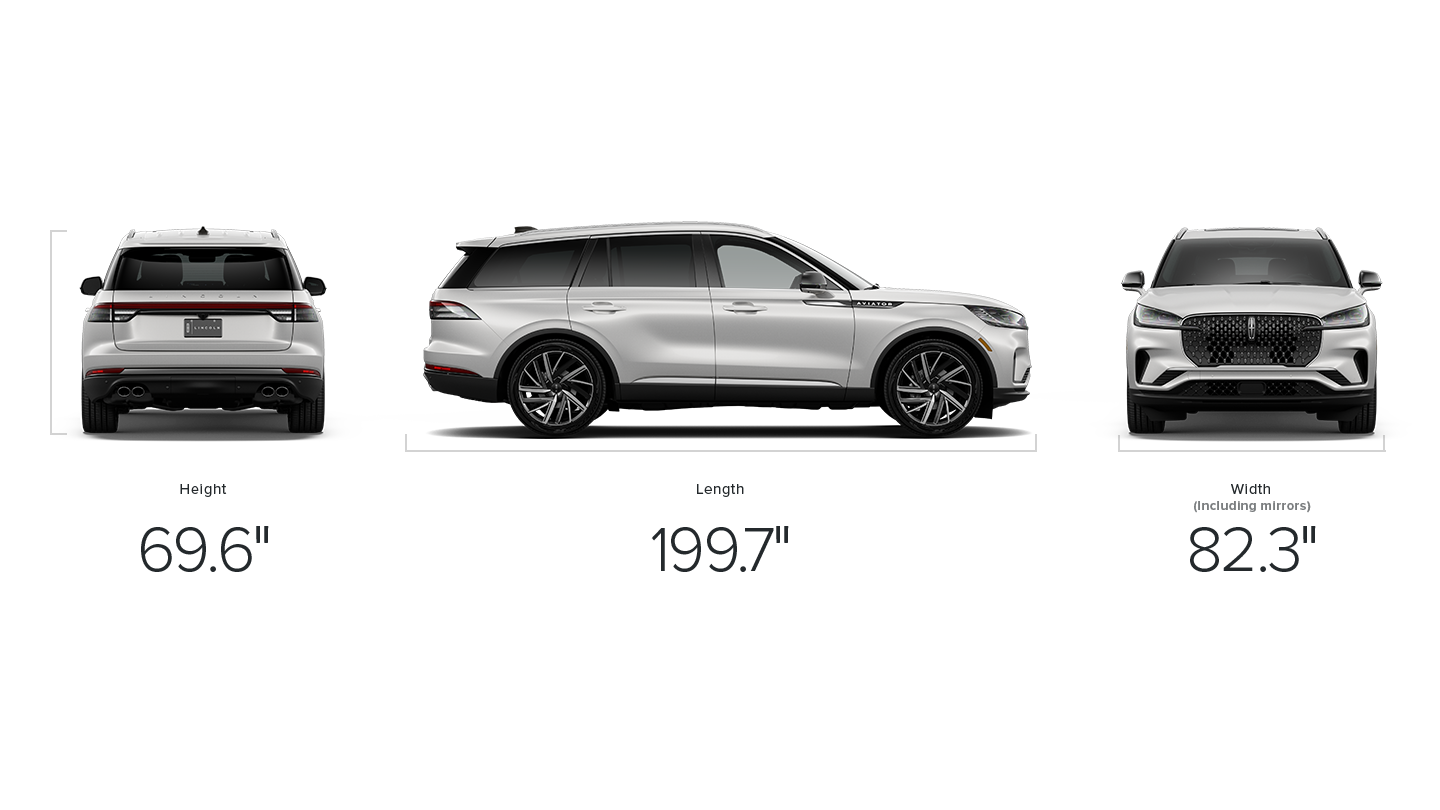 The dimensions of a 2027 Lincoln Aviator® SUV measuring 69.6 inches high, 199.7 inches long and 82.3 inches wide