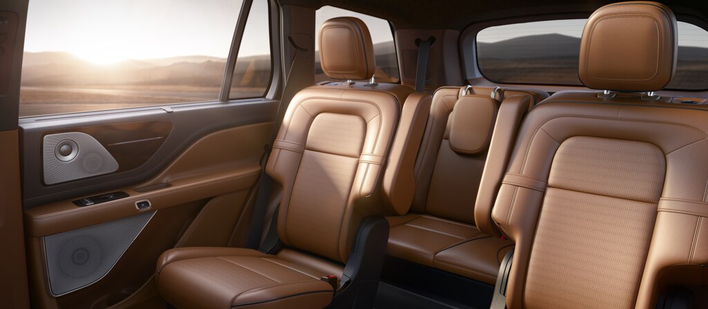 The Lush leather trimmed second-row seats of a 2027 Lincoln Aviator® Black Label™ SUV