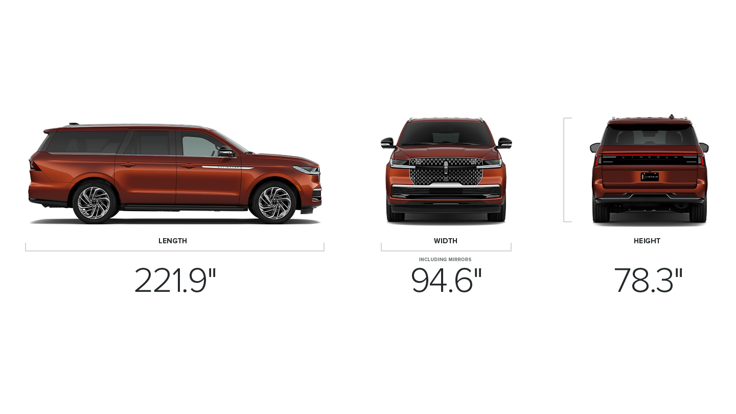 The dimensions of a 2027 Lincoln Navigator® SUV long wheelbase measuring height, length and width