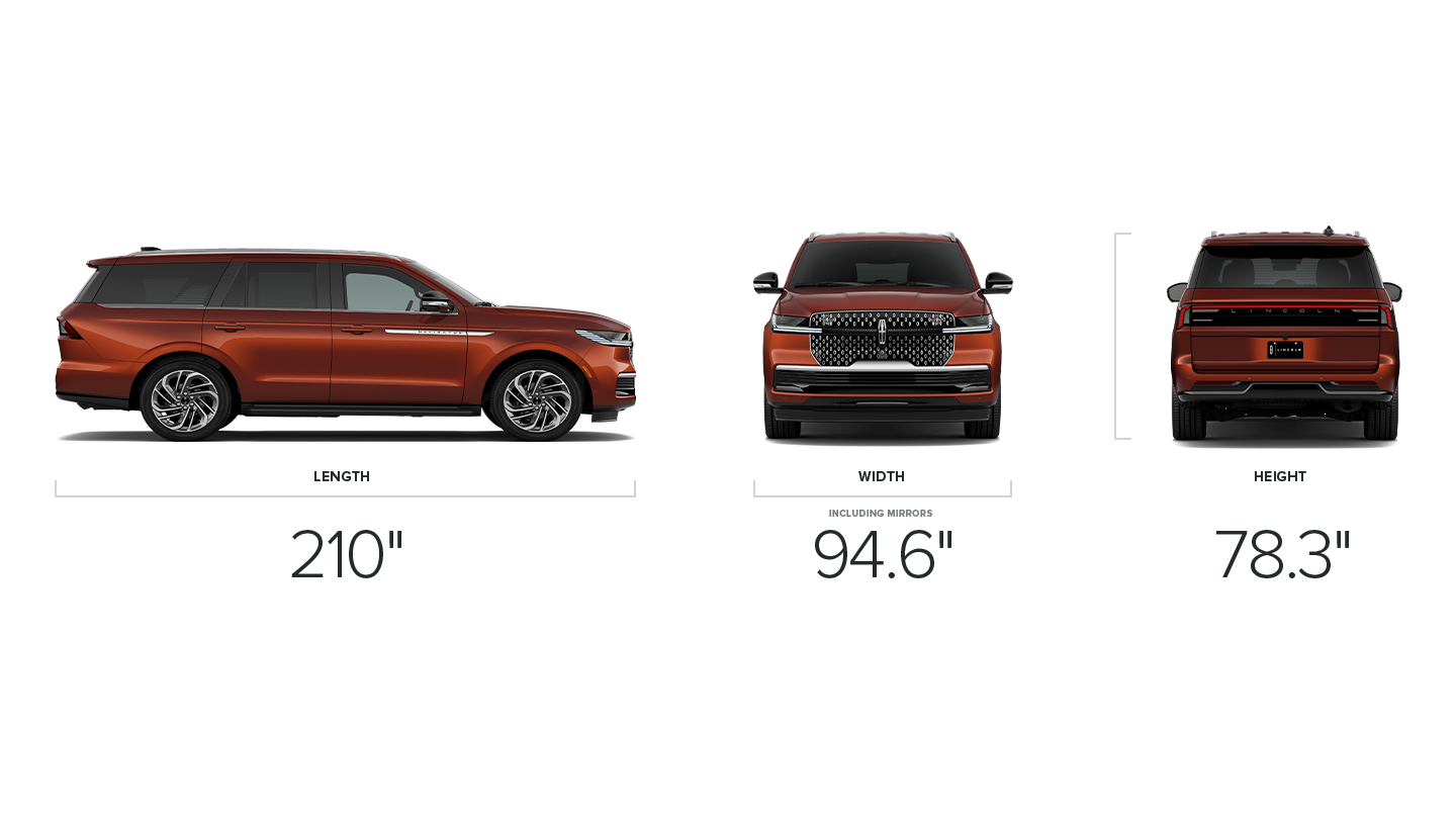 The dimensions of a 2027 Lincoln Navigator® SUV standard wheelbase measuring height, length and width
