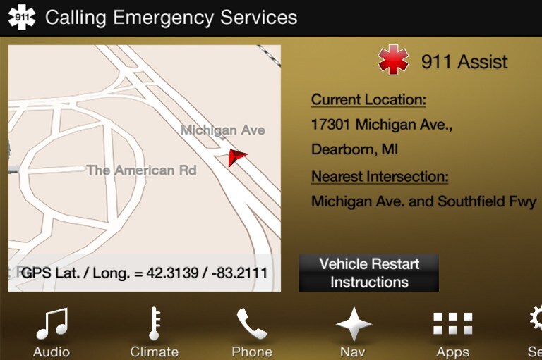 A SYNC 3 screen displays a map and is shown in the process of calling emergency services.