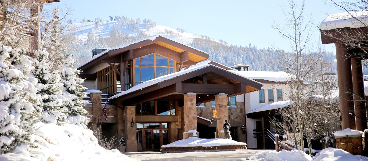 Utah’s Stein Eriksen Lodge beautifully covered with snow.