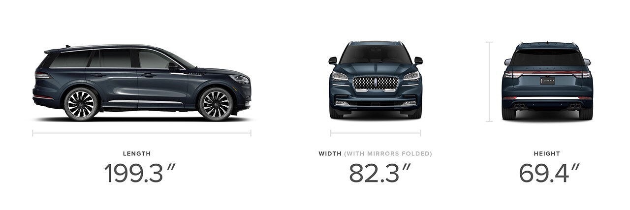 The 2023 Lincoln Aviator® SUV is shown with its dimensions: 199.3 inches long, 82.3 inches wide and 69.4 inches high