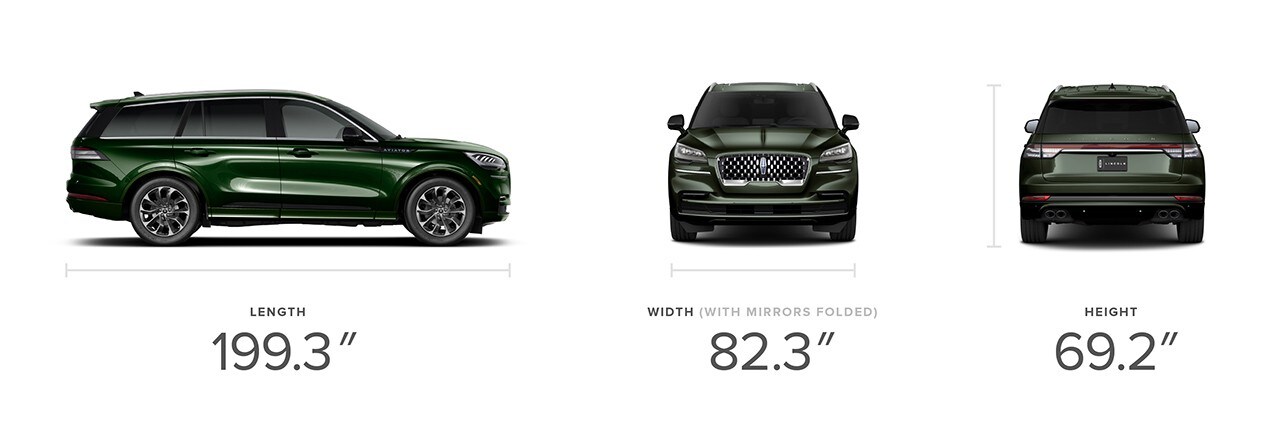 The 2023 Lincoln Aviator® SUV is shown with its dimensions: 199.3 inches long, 82.3 inches wide and 69.2 inches high