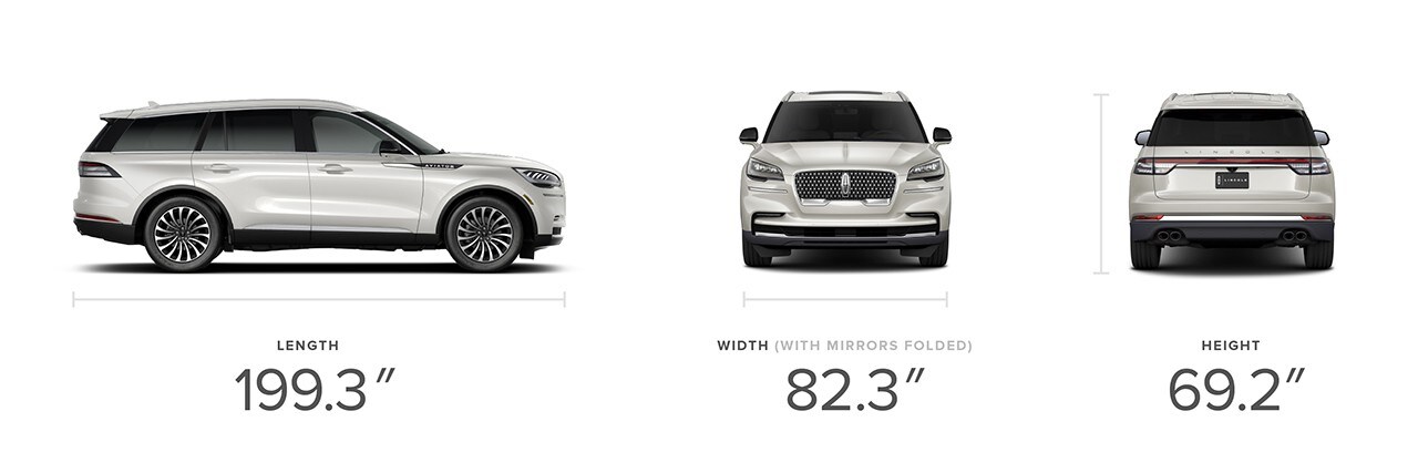 The 2023 Lincoln Aviator® SUV is shown with its dimensions: 199.3 inches long, 82.3 inches wide and 69.2 inches high