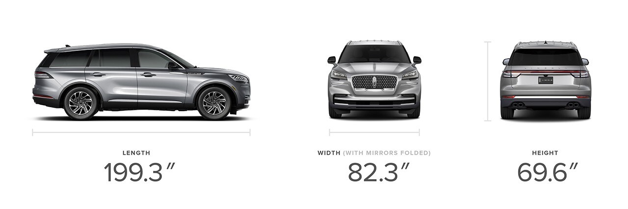 The 2023 Lincoln Aviator® is shown with its dimensions: 199.3 inches long, 82.3 inches wide and 69.6 inches high