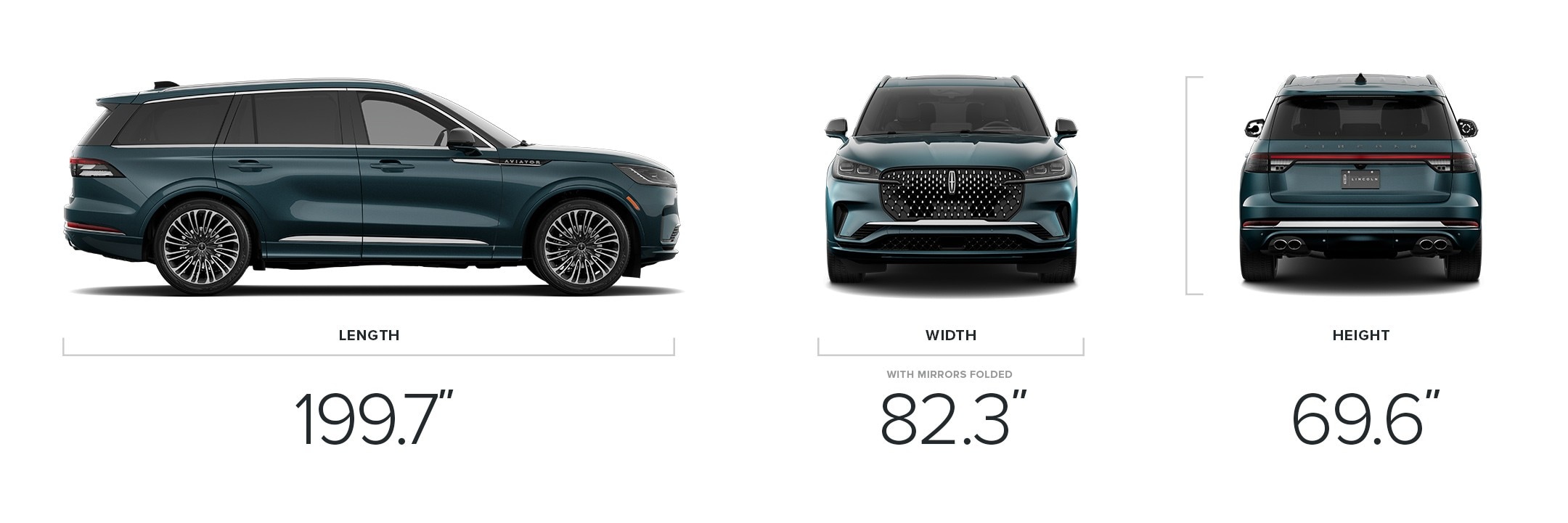 An image showing the 199.7-inch length, 82.3- inch width, and 69.6-inch height of the 2025 Lincoln Black Label Aviator model