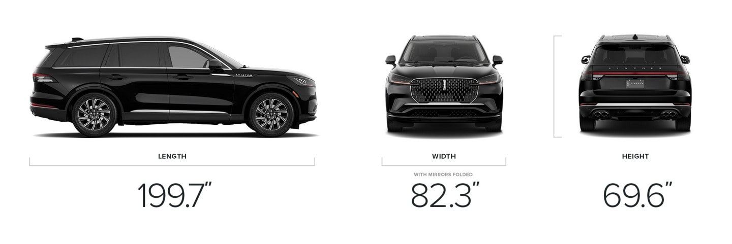 The 2025 Lincoln Aviator Premier dimensions are shown as 199.7-inch length, 82.3- inch width, and 69.6-inch height