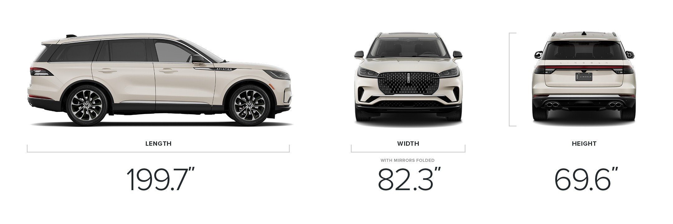 A collage of images shows the 199.7-inch length, 82.3- inch width, and 69.6-inch height of the 2025 Lincoln Aviator® Reserve model