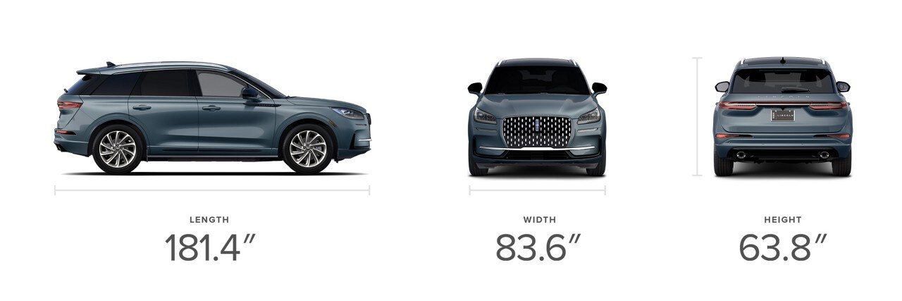 A profile front and rear view of the 2023 Lincoln Corsair® Grand Touring model shows off dimensions for length width and height
