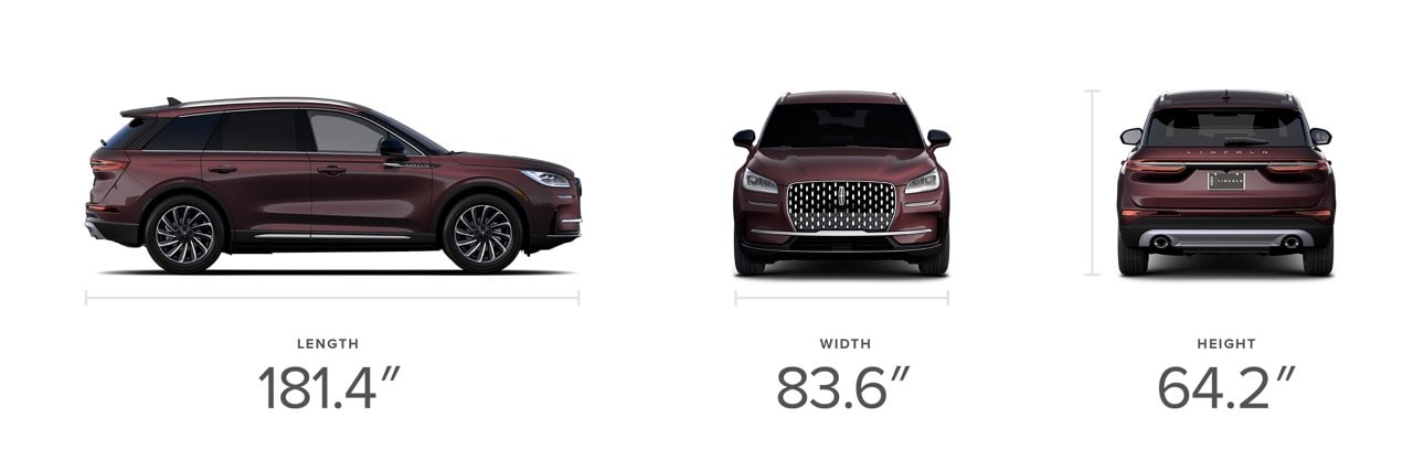 A profile front and rear view of the 2023 Lincoln Corsair Reserve shows off dimensions for length width and height