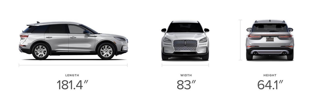 A profile front and rear view of the 2023 Lincoln Corsair® SUV shows off dimensions for length width and height