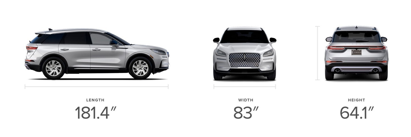 A profile, front and rear view of the 2024 Lincoln Corsair® SUV shows off dimensions for length, width and height