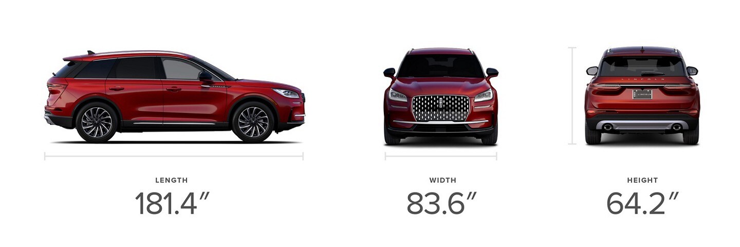 A profile, front and rear view of the 2024 Lincoln Corsair® Reserve shows off dimensions for length, width and height