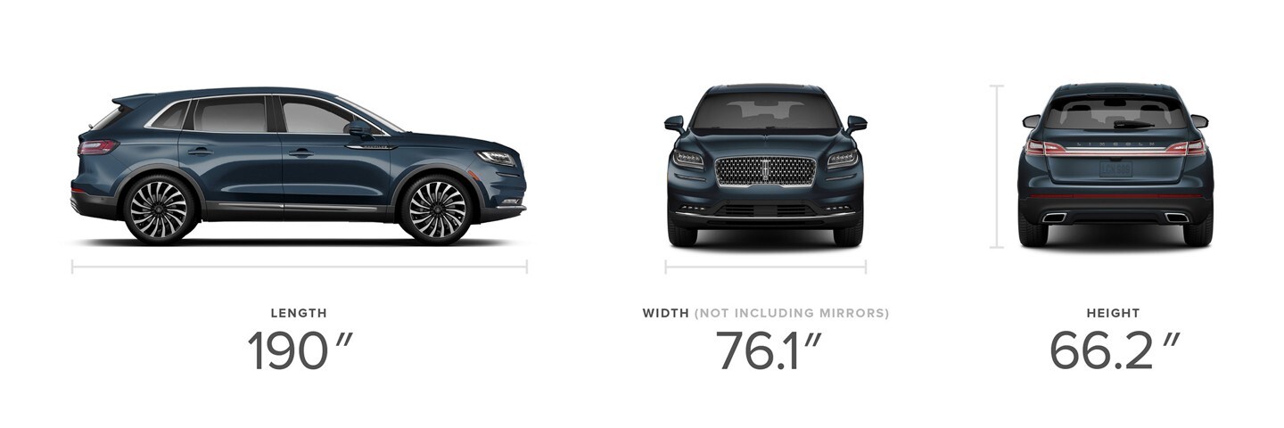The side profile, front view and back view of a 2023 Lincoln Black Label Nautilus® SUV with dimensional measurements