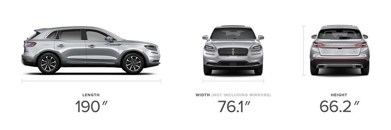 The side profile, front view and back view of a 2023 Lincoln Nautilus® SUV are paired with dimensional measurements