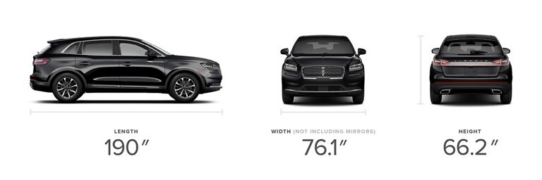 The side profile, front view and back view of a 2023 Lincoln Nautilus® SUV are paired with dimensional measurements