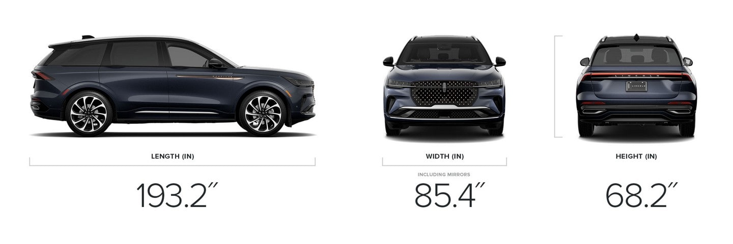 The 2025 Lincoln Black Label Nautilus Premiere dimensions. Length 193.2-inch, width (including mirrors) 85.4-inch, height 68.2-inch