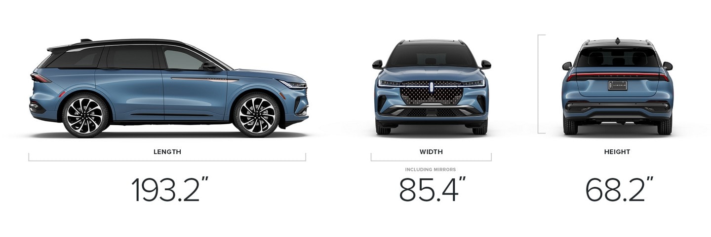 The dimensions of a 2026 Lincoln Nautilus® SUV, 193.2 inches long, 85.4 inches wide including mirrors and 68.2 inches tall.