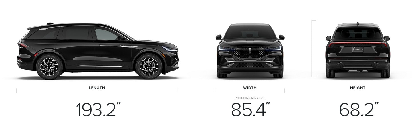 The dimensions of a 2026 Lincoln Nautilus® SUV, 193.2 inches long, 85.4 inches wide including mirrors and 68.2 inches tall