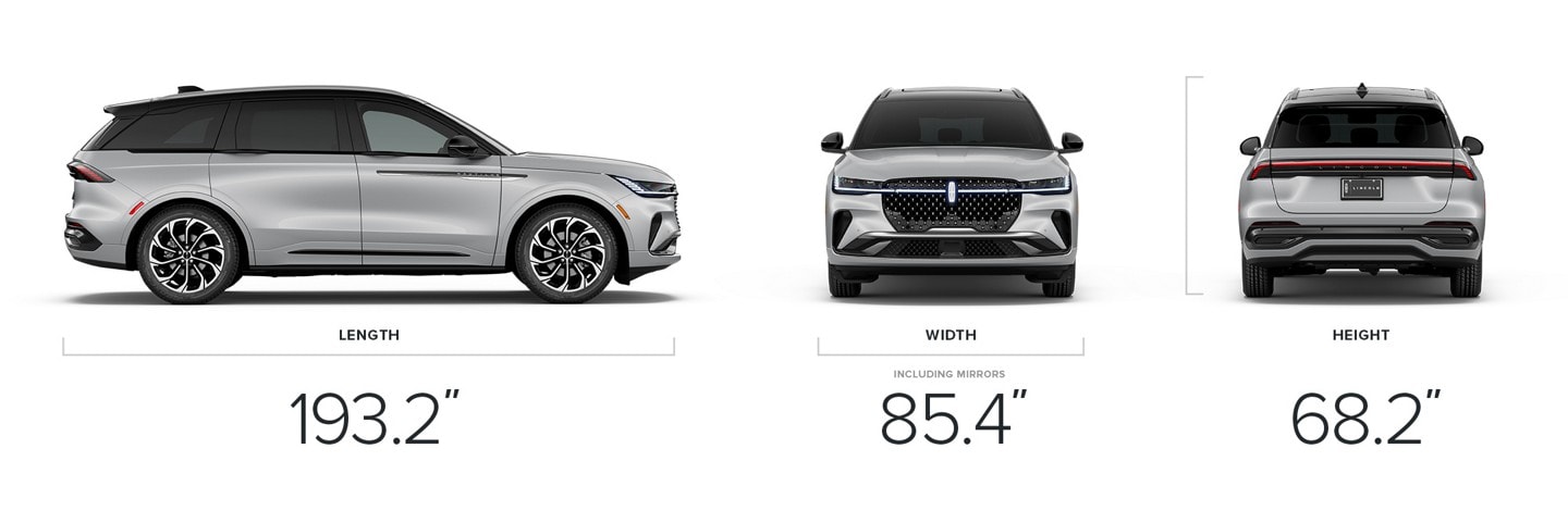 The dimensions of a 2026 Lincoln Nautilus® SUV, 193.2 inches long, 85.4 inches wide including mirrors and 68.2 inches tall