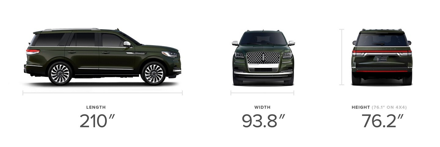 Side, front and rear views of a 2023 Lincoln Black Label Navigator® SUV in Manhattan Green with visible dimensions.