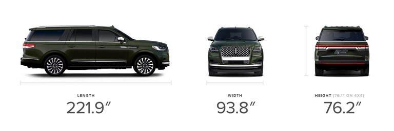 Side, front and rear views of a 2023 Lincoln Black Label Navigator® L model SUV in Manhattan Green with visible dimensions.