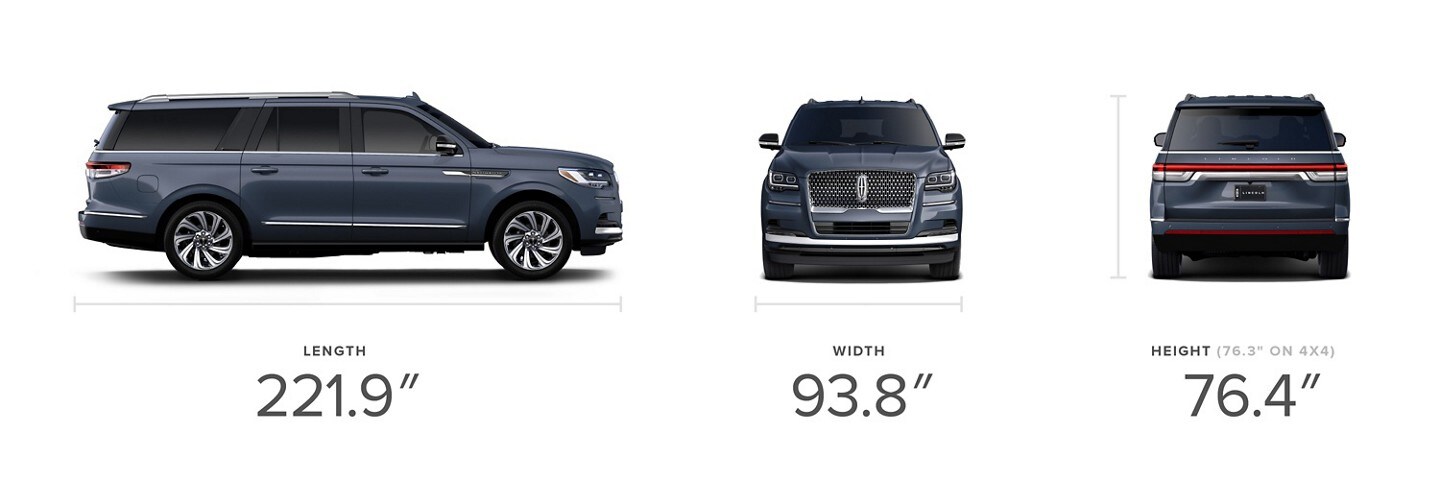 Side, front and rear views of a 2023 Lincoln Navigator® Reserve L model SUV in Silver Radiance with visible dimensions.