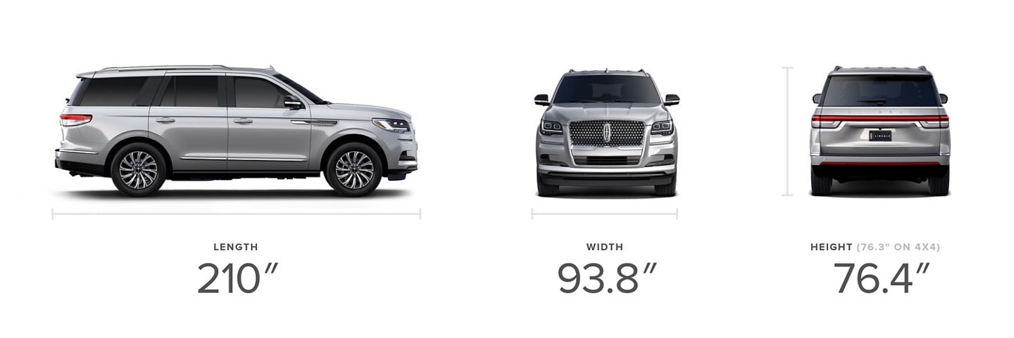 Side, front and rear views of a 2023 Lincoln Navigator® SUV in Silver Radiance with visible dimensions.