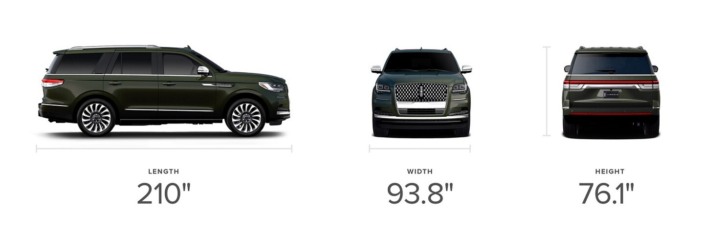 Side, front and rear views of a 2024 Lincoln Black Label Navigator® SUV in Manhattan Green with visible dimensions.