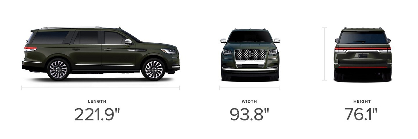 Side, front and rear views of a 2024 Lincoln Black Label Navigator® L model SUV in Manhattan Green with visible dimensions.