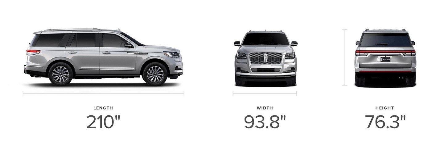 Side, front and rear views of a 2024 Lincoln Navigator® SUV in Silver Radiance with visible dimensions.