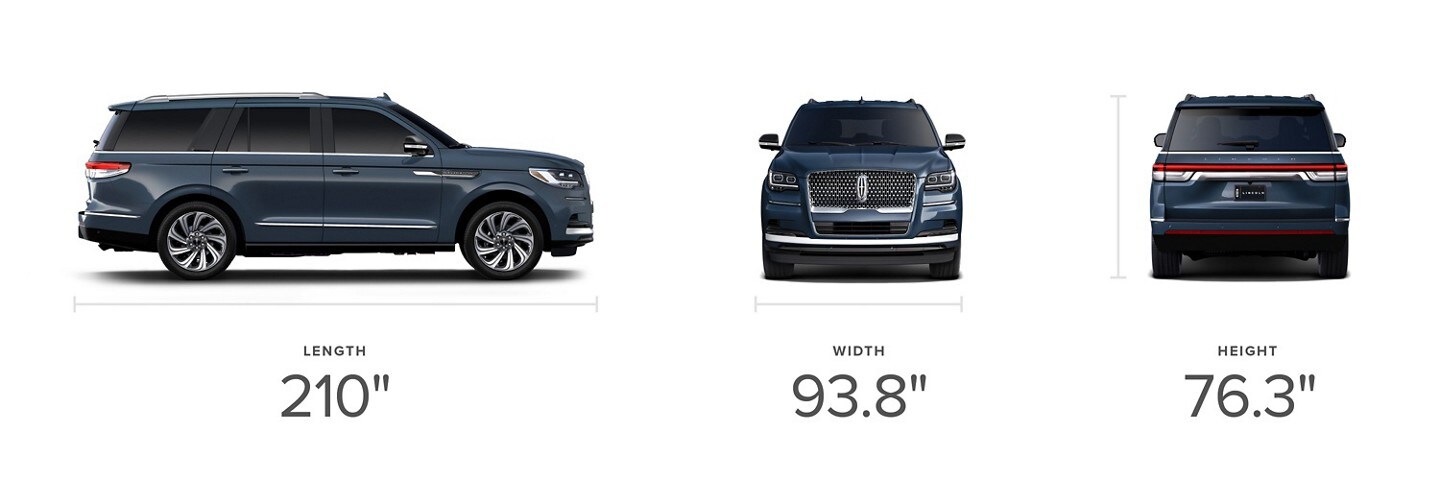Side, front and rear views of a 2024 Lincoln Navigator® Reserve model SUV in Ocean Drive Blue with visible dimensions.