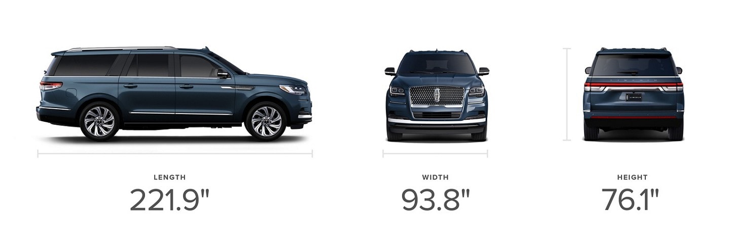 Side, front and rear views of a 2024 Lincoln Navigator® Reserve L model SUV in Ocean Drive Blue with visible dimensions.
