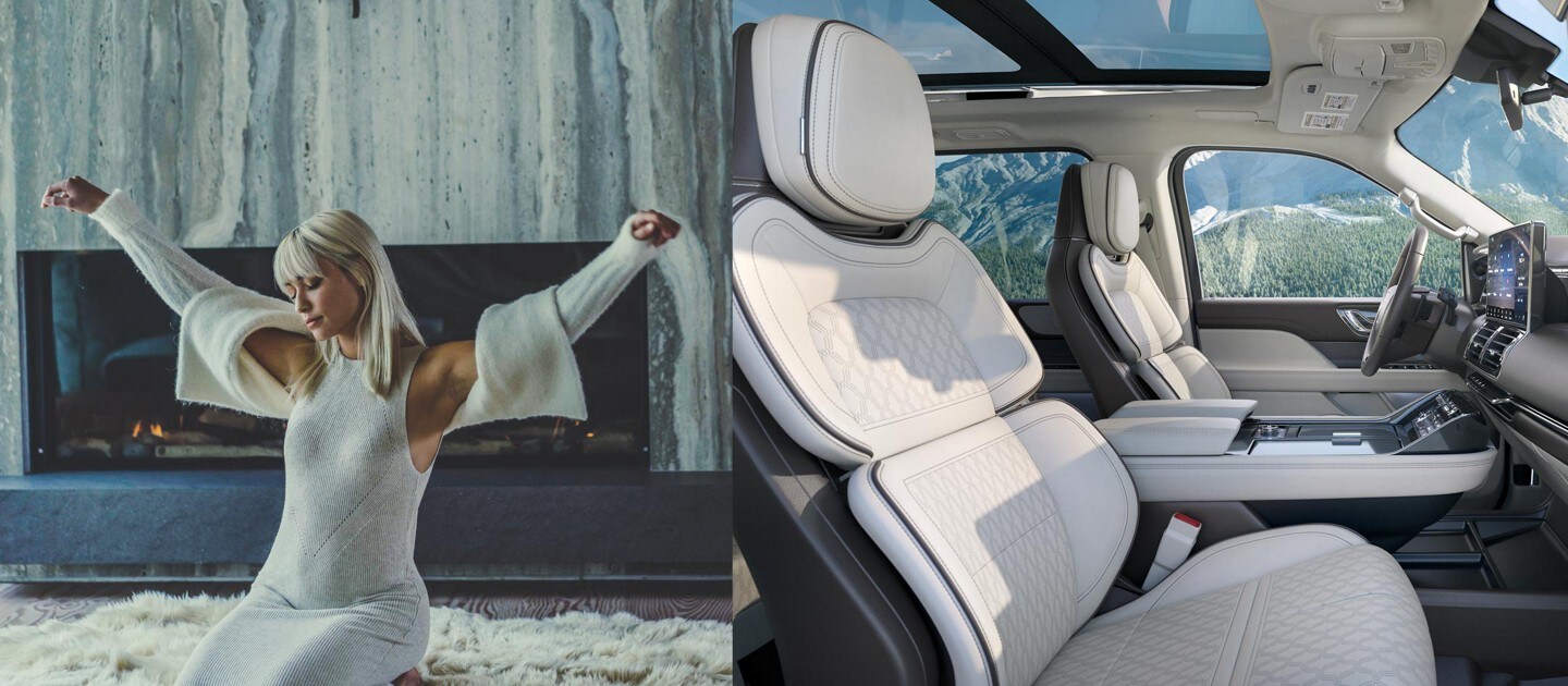 Una mujer sentada en el interior de un chalet y el interior de un vehículo Navigator black label.