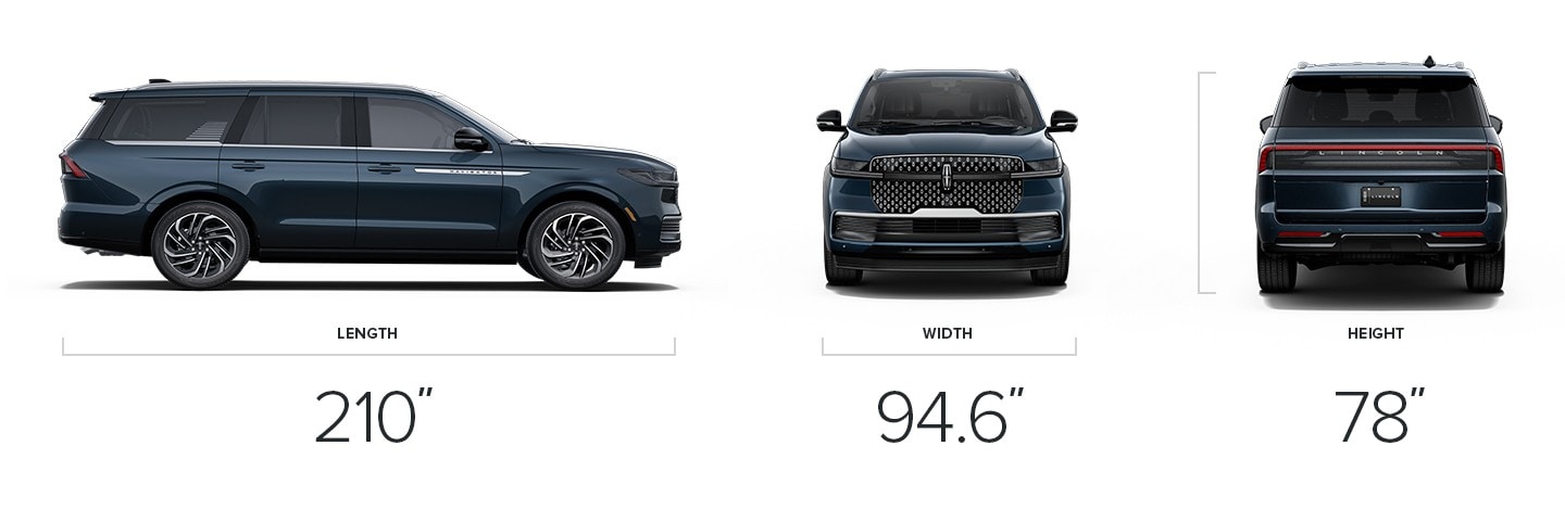 A profile, front and rear view of the 2025 Lincoln Navigator® shows off dimensions for length, width and height