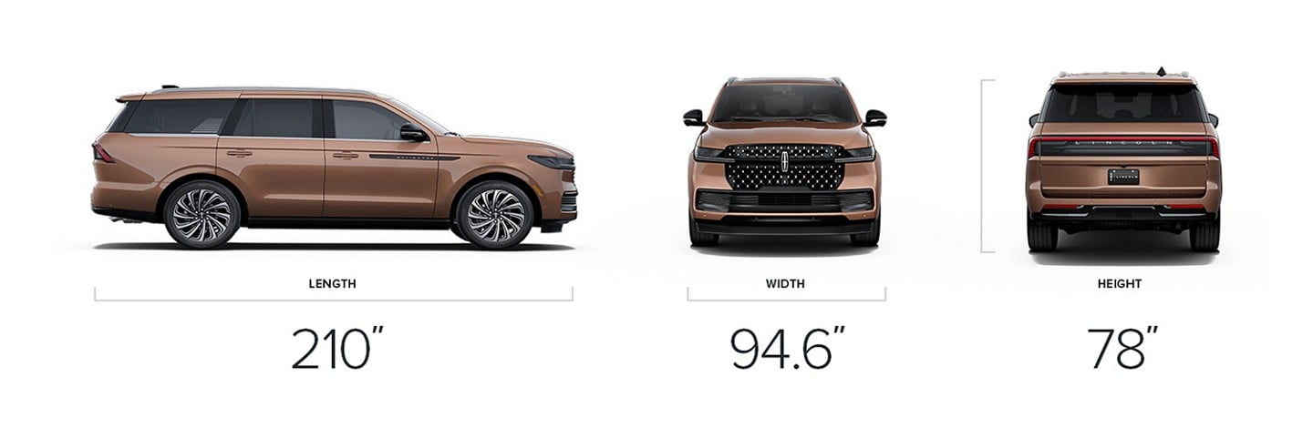 2025 Lincoln Black Label Navigator® SUV dimensions of 210-inches in length, 94.6 inches in width, and 78 inches in height