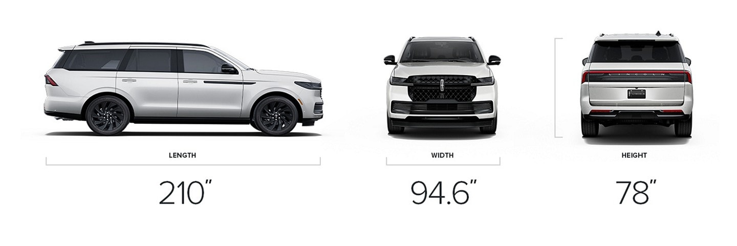 2025 Lincoln Navigator® Reserve model with dimensions of 210-inches in length, 94.6 inches in width, and 78 inches in height