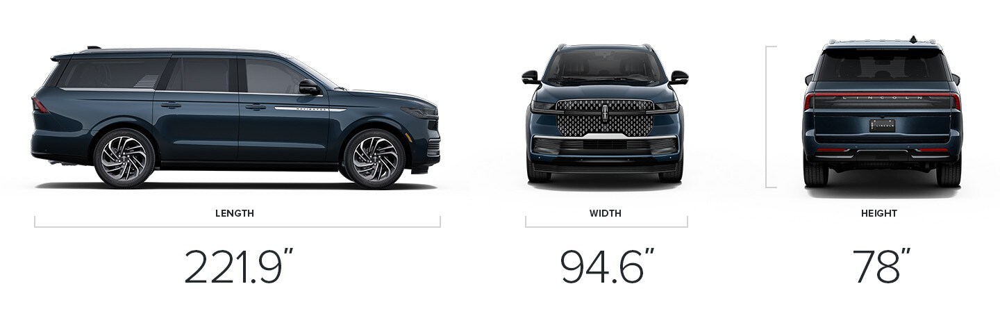 A profile, front and rear view of the 2025 Lincoln Navigator L® shows off dimensions for length, width and height