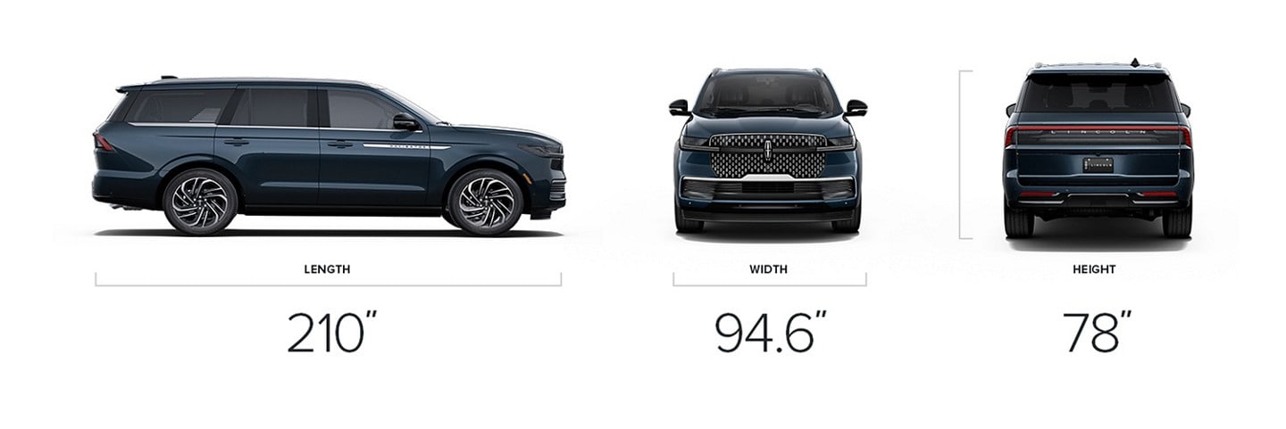 2025 Lincoln Navigator® Reserve model with dimensions of 210-inches in length, 94.6 inches in width, and 78 inches in height
