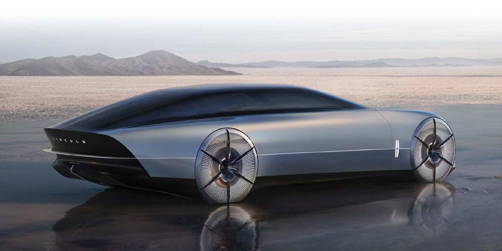 The Lincoln Model L100 concept is shown here parked in a desert.