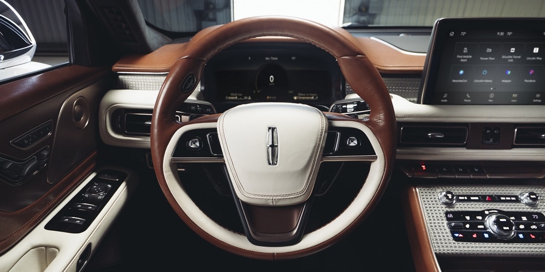 The steering wheel of the Lincoln Aviator SUV Shinola concept is shown here.
