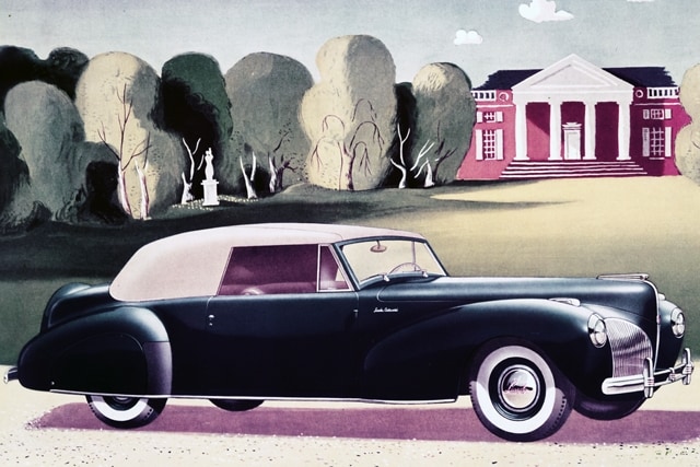 A painting of a 1939 Lincoln Continental in front of a house is shown here