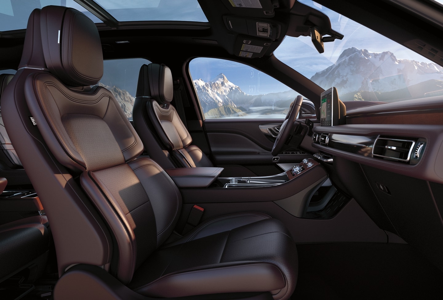 The interior of a Black Label Lincoln Aviator with the Destination theme