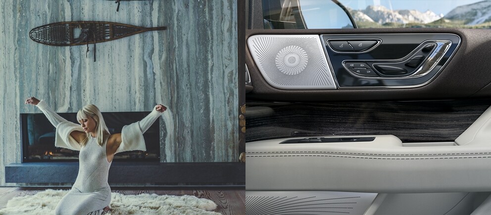 A woman sitting inside a chalet and the inside of a Navigator black label vehicle.