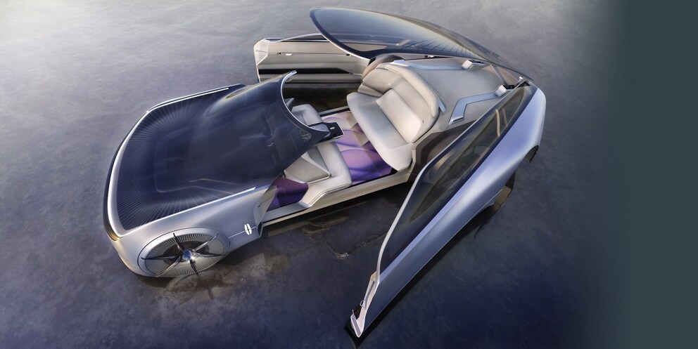 The Lincoln Model L100 concept vehicle is shown here view from above, with the glass roof and reverse-hinged doors open.