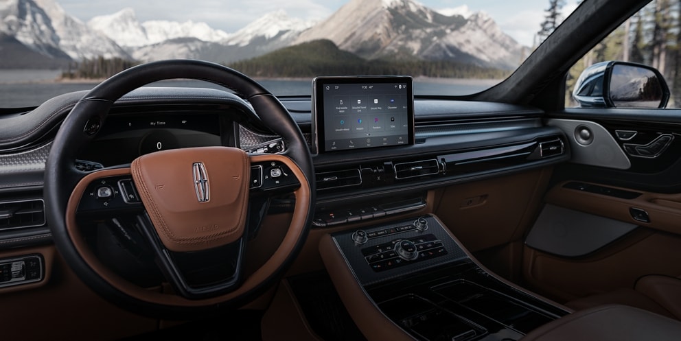 The interior of a 2023 Lincoln Aviator® Black Label SUV is shown in the Flight interior theme